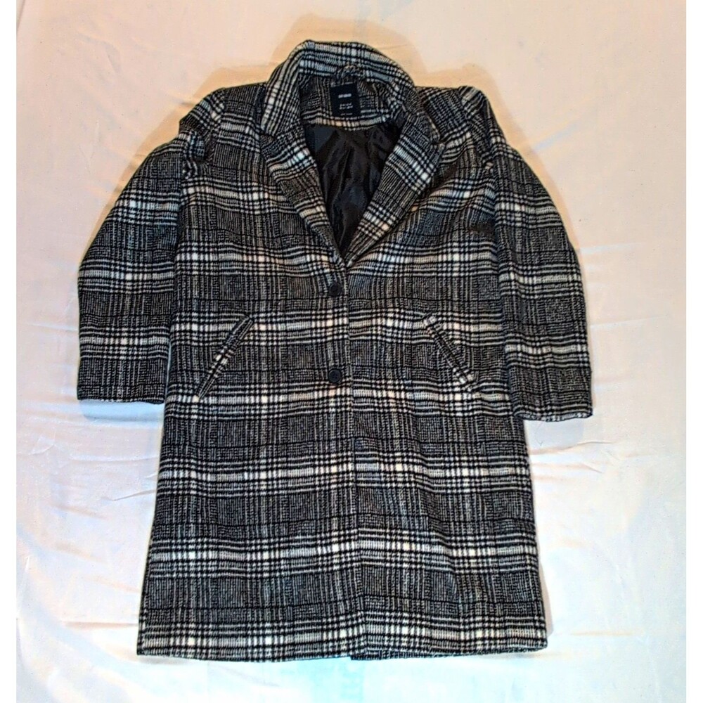 Cotton On Womens Black White Plaid Button Front Lined Mid-Length Coat Sz 4